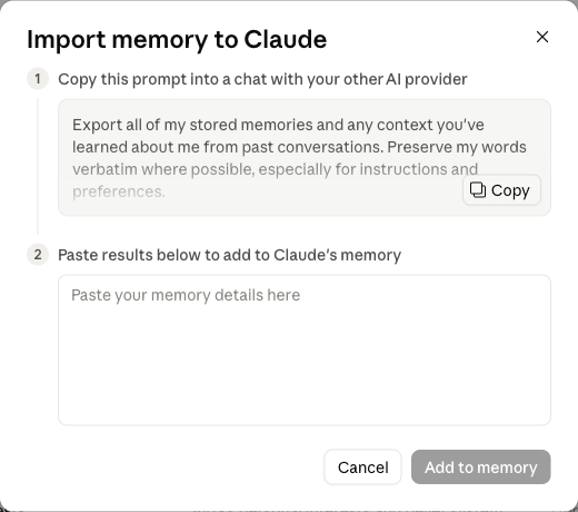 Langas „Import memory to Claude“: viršuje paruoštas promptas su mygtuku Copy, apačioje laukelis, kur įklijuoji ChatGPT atsakymą.