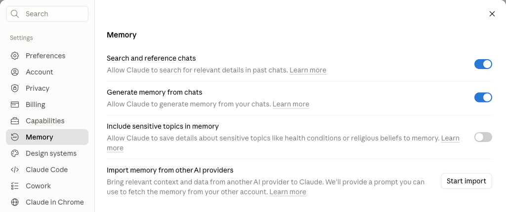 Settings → Memory. Apačioje eilutė „Import memory from other AI providers“ ir mygtukas Start import.