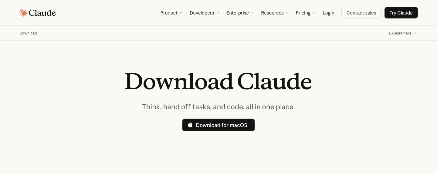 claude.com/download. Puslapis pats pasiūlo versiją tavo kompiuteriui, žemiau yra ir macOS, ir Windows.