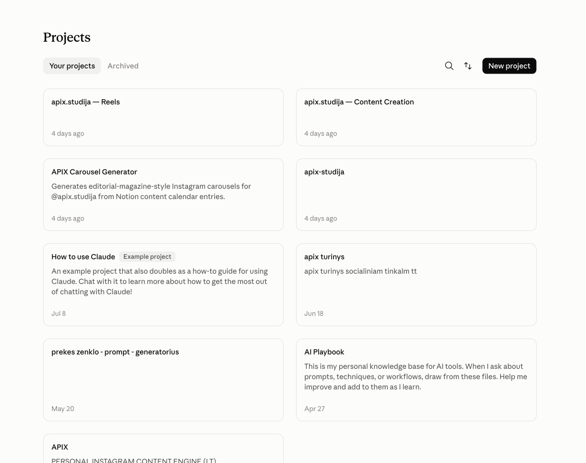 Projects. Viršuje dešinėje mygtukas New project, žemiau visi tavo projektai su aprašymais.