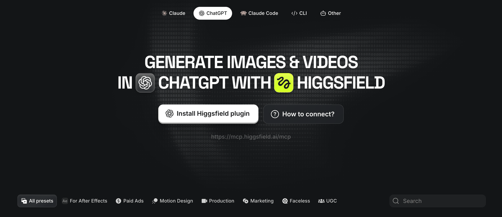 Higgsfield MCP puslapis, skiltis ChatGPT: antraštė Generate images and videos in ChatGPT with Higgsfield, mygtukas Install Higgsfield plugin ir adresas mcp.higgsfield.ai.