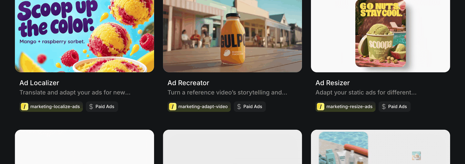 Higgsfield presetų kortelės: Ad Localizer, Ad Recreator, Ad Resizer, po kiekviena geltonas ženkliukas su komanda, pavyzdžiui marketing-localize-ads.
